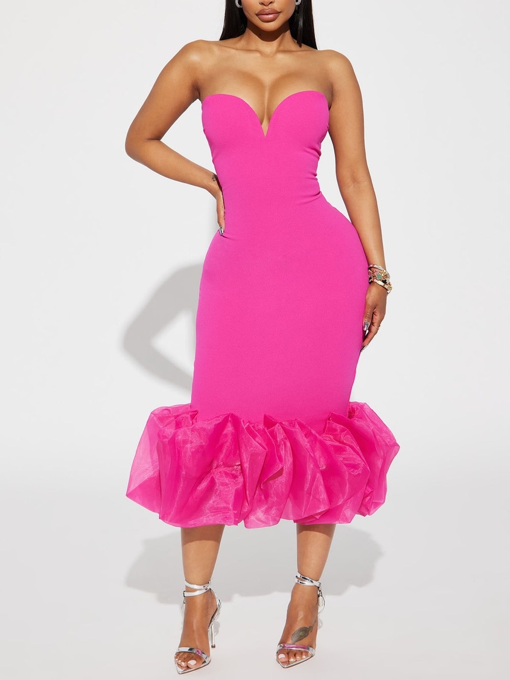 Fashion Nova - Large - Fuchsia Strapless Sweetheart Midi Dress with Ruffle Hem